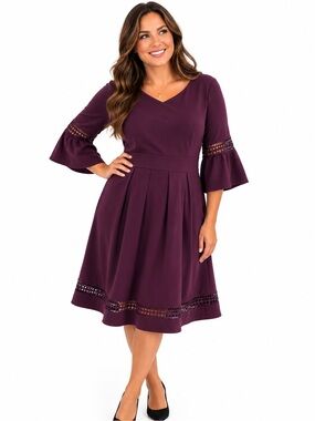 Eliza J Plum V-Neck A-Line Midi Dress with Lace Trim